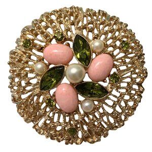 Vintage 70s Sarah Coventry Signed Large Statement Brooch Gold Tone Pink Green